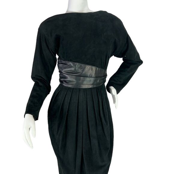 Vakko Vintage 80s Black Suede & Leather Backless Long Sleeve Midi Dress, Size 6 - Picture 8 of 15